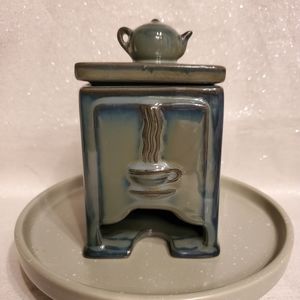 𝅺VINTAGE Ceramic Teabag Caddy Dispenser With Teapot On Lid Green / Blue